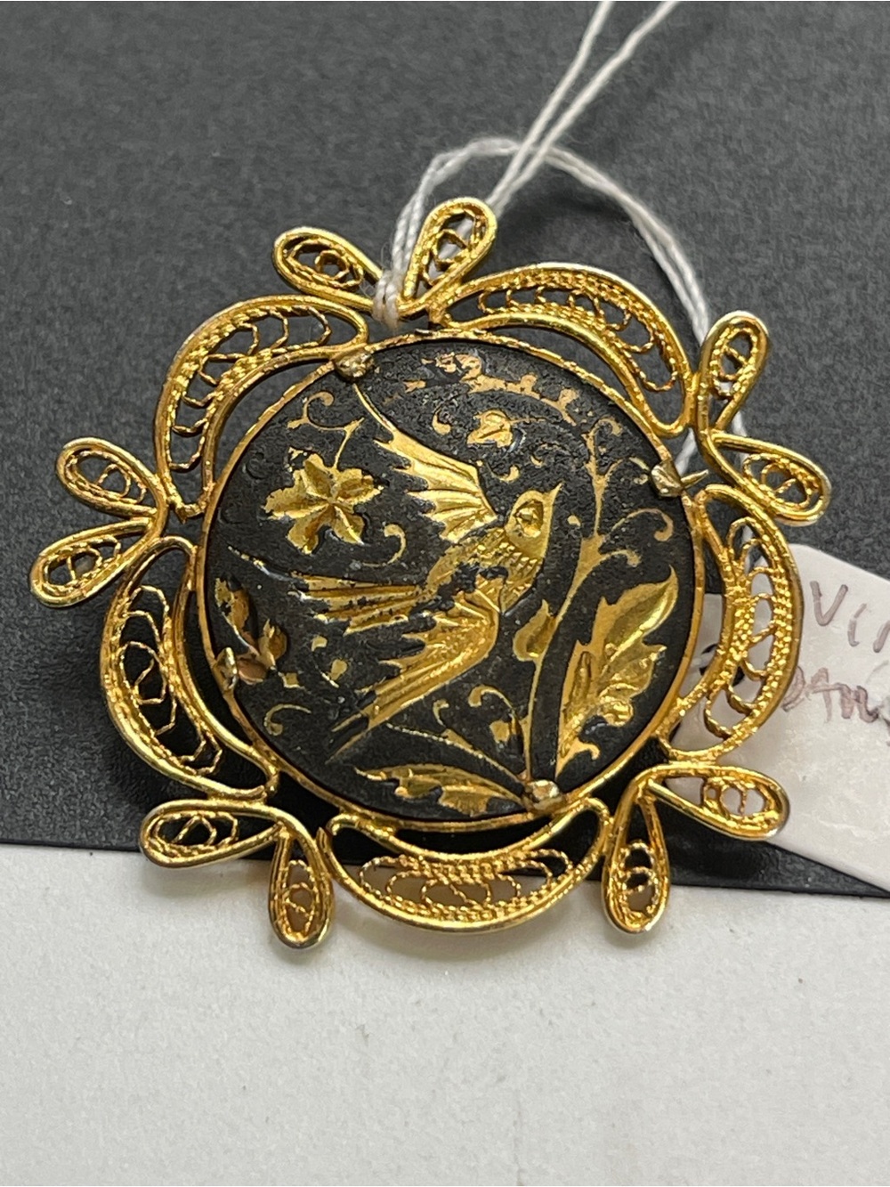 Vintage Mid Century Japanese Damascene Bird Brooch Gold Tone Filigree Frame.